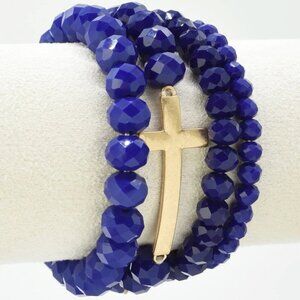 NWT Sapphire Blue Glass Bead Cross Charm Bracelet Set Stretch Stackable Jewelry